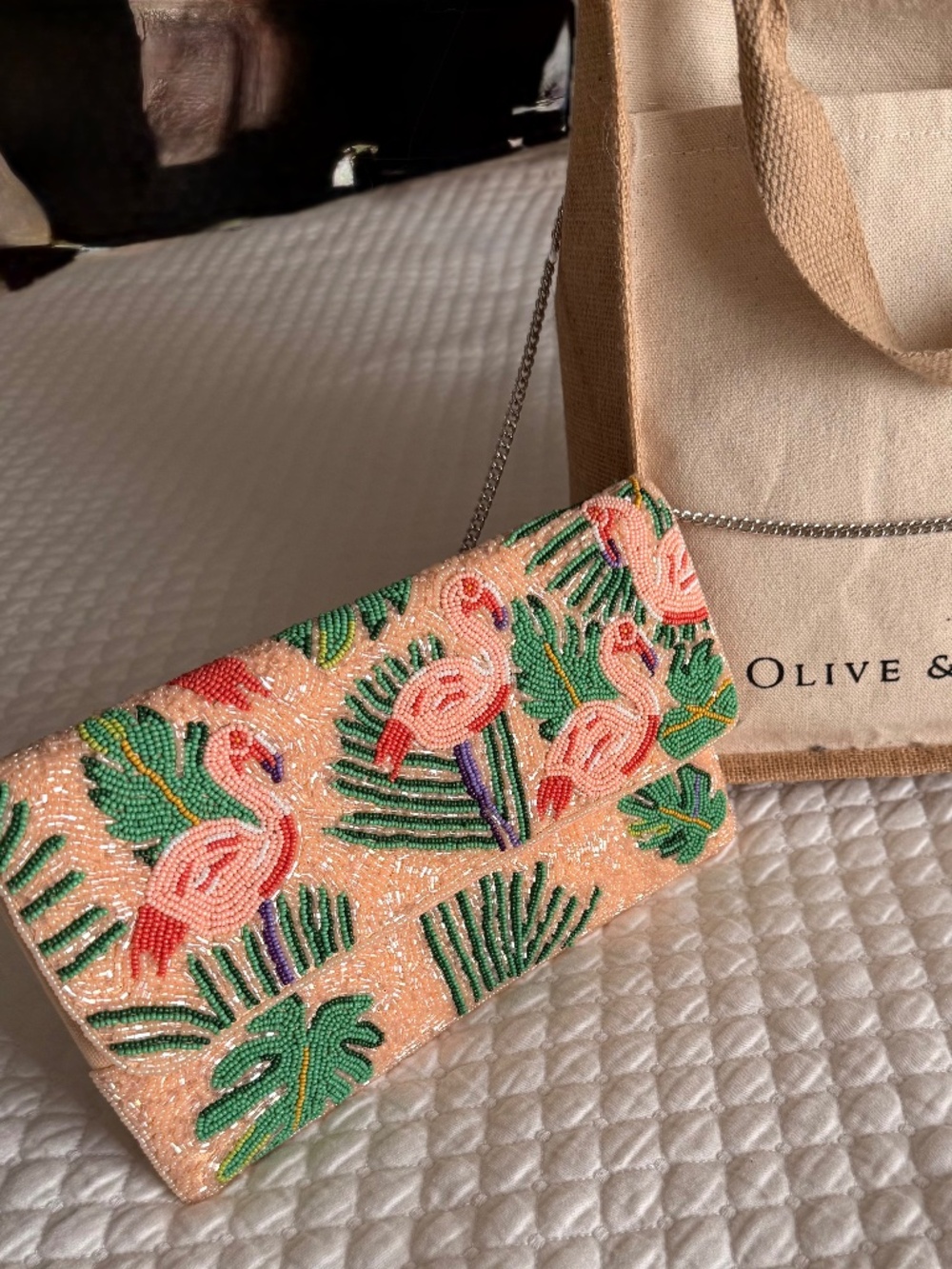 Handmade Olive & Cocoa Beaded Bag with Canvas Tote